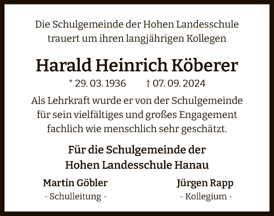 Todesanzeige von Harald Heinrich Köberer von OF
