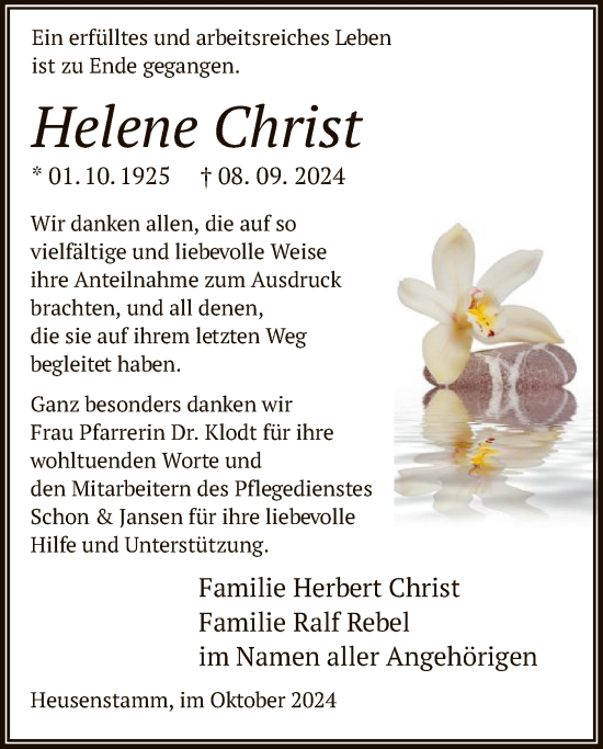 Todesanzeige von Helene Christ von OF