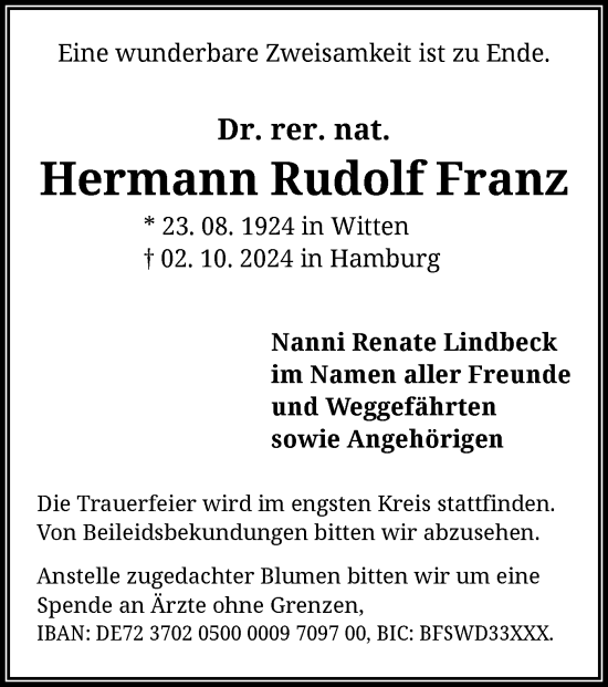 Todesanzeige von Hermann Rudolf Franz von OF