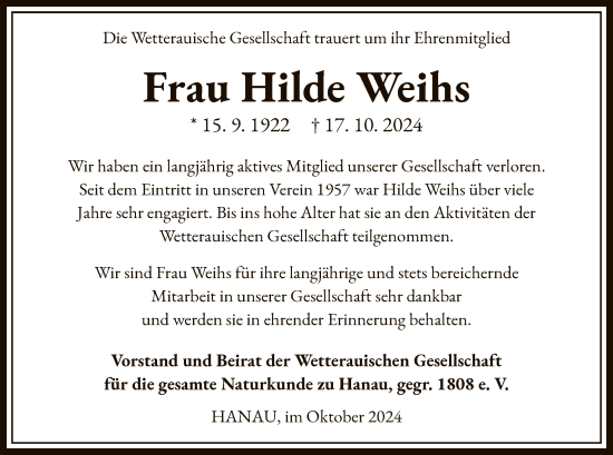 Todesanzeige von Hilde Weihs von OF