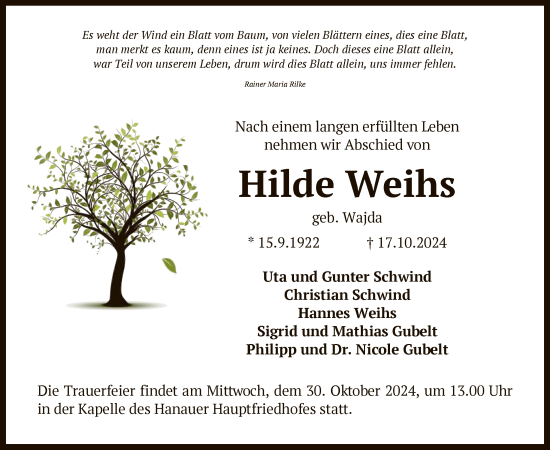 Todesanzeige von Hilde Weihs von OF