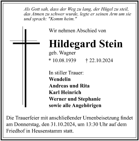 Todesanzeige von Hildegard Stein von OF