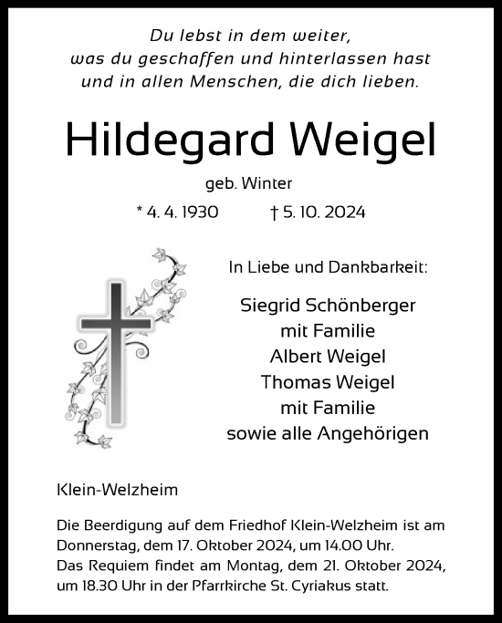 Todesanzeige von Hildegard Weigel von OF