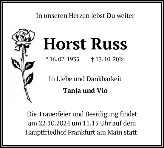 Todesanzeige von Horst Russ von OF