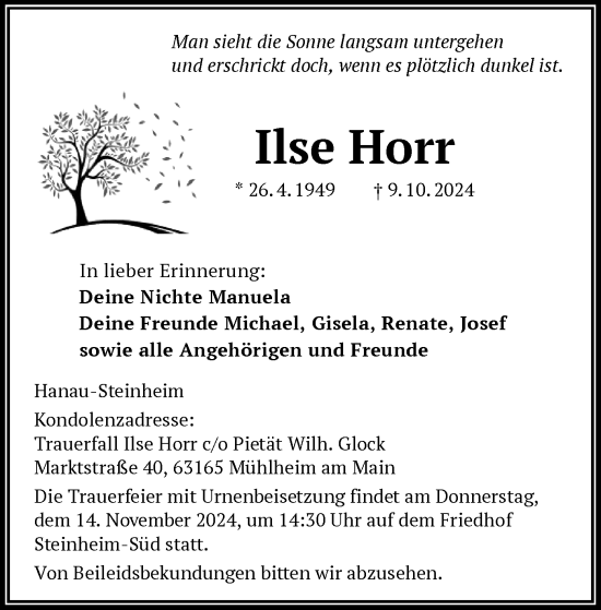 Todesanzeige von Ilse Horr von OFOF