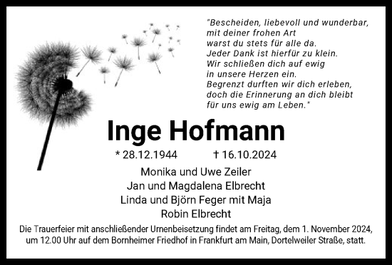 Todesanzeige von Inge Hofmann von OF