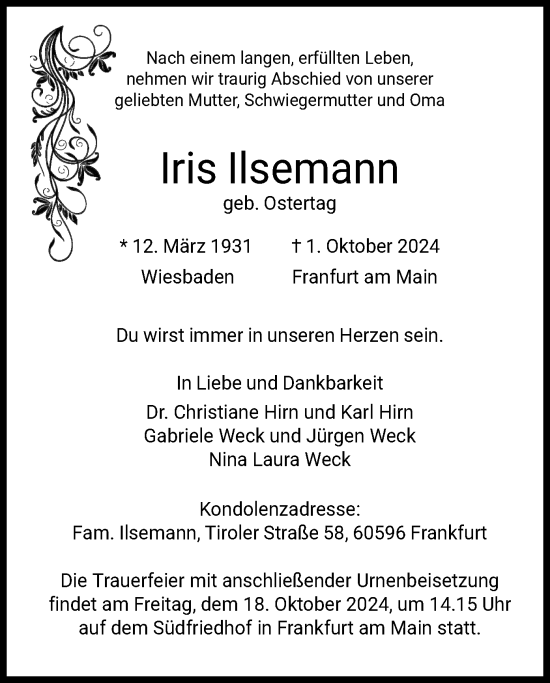 Todesanzeige von Iris Ilsemann von OF