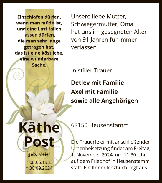 Todesanzeige von Käthe Post von OF