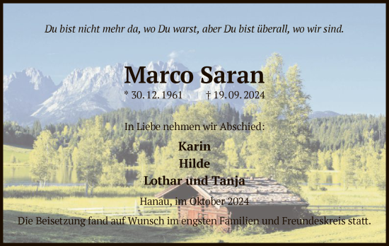 Todesanzeige von Marco Saran von OF