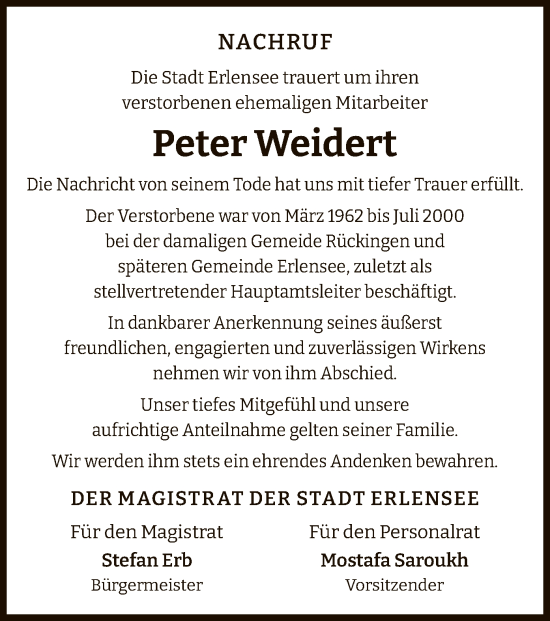 Todesanzeige von Peter Weidert von OF