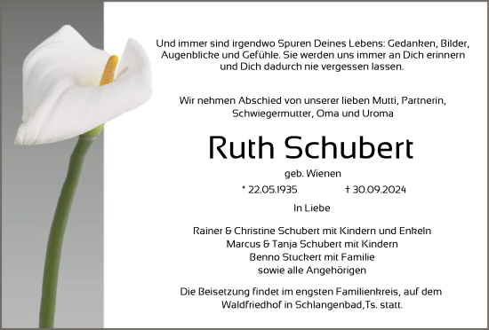 Todesanzeige von Ruth Schubert von OF