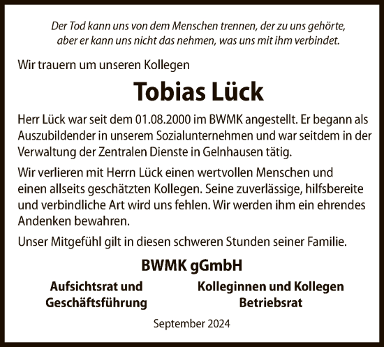Todesanzeige von Tobias Lück von OF