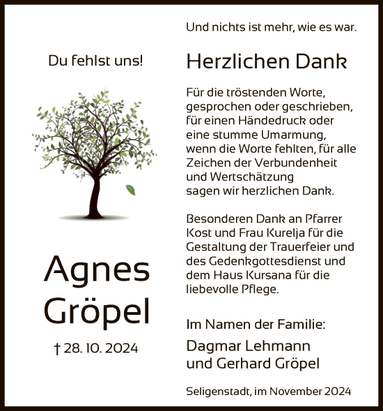 Todesanzeige von Agnes Gröpel von OF