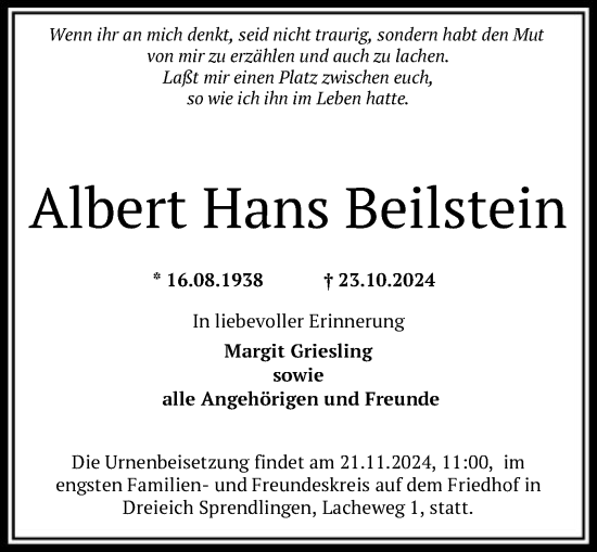 Todesanzeige von Albert  Beilstein von OF