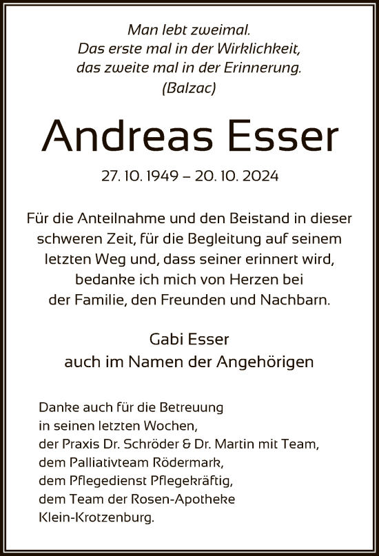 Todesanzeige von Andreas Esser von OF