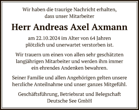 Todesanzeige von Andreas Axel Axmann von OF
