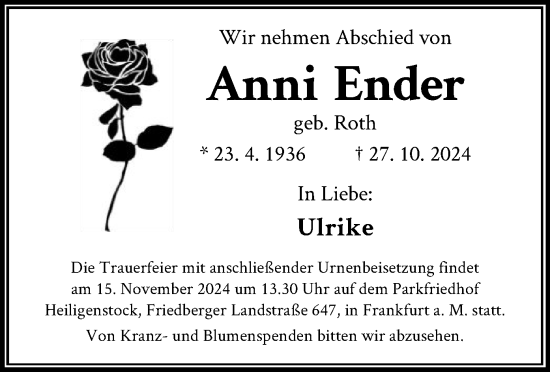 Todesanzeige von Anni Ender von OF