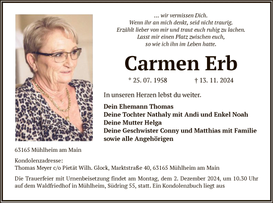 Todesanzeige von Carmen Erb von OF