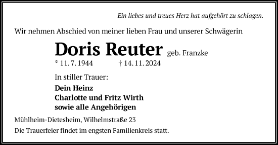 Todesanzeige von Doris Reuter von OF