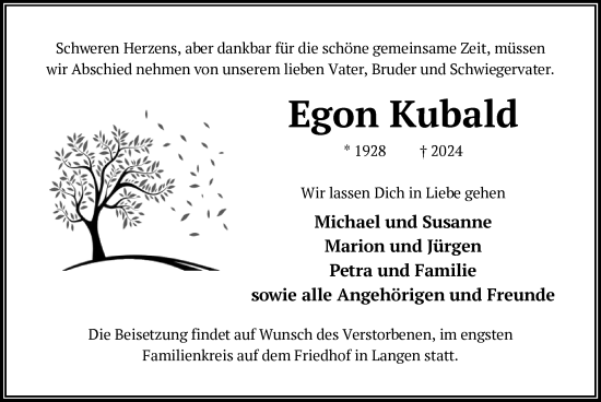 Todesanzeige von Egon Kubald von OF