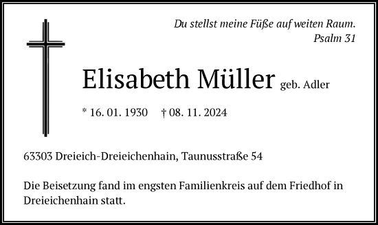 Todesanzeige von Elisabeth Müller von OF