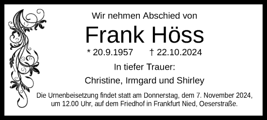 Todesanzeige von Frank Höss von OF