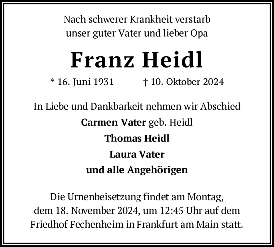 Todesanzeige von Franz Heidl von OF
