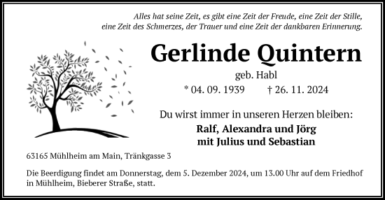 Todesanzeige von Gerlinde Ouintern von OF