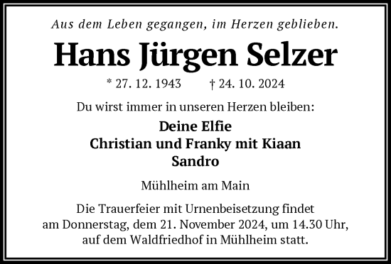 Todesanzeige von Hans Jürgen Selzer von OF