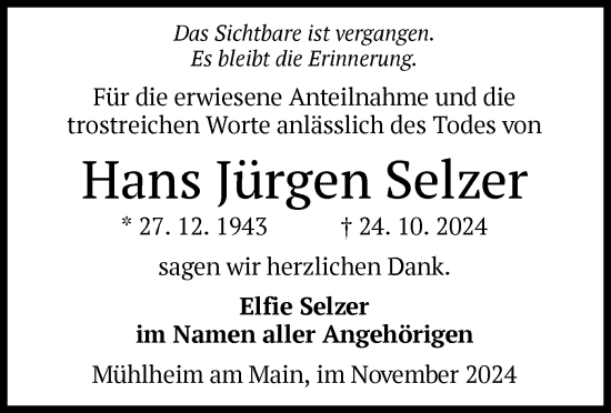 Todesanzeige von Hans Jürgen Selzer von OF