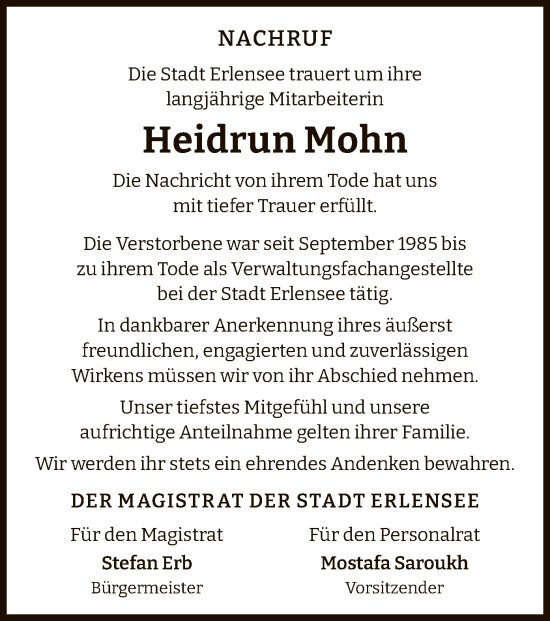 Todesanzeige von Heidrun Mohn von OF
