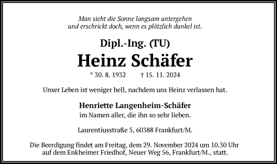 Todesanzeige von Heinz Schäfer von OF