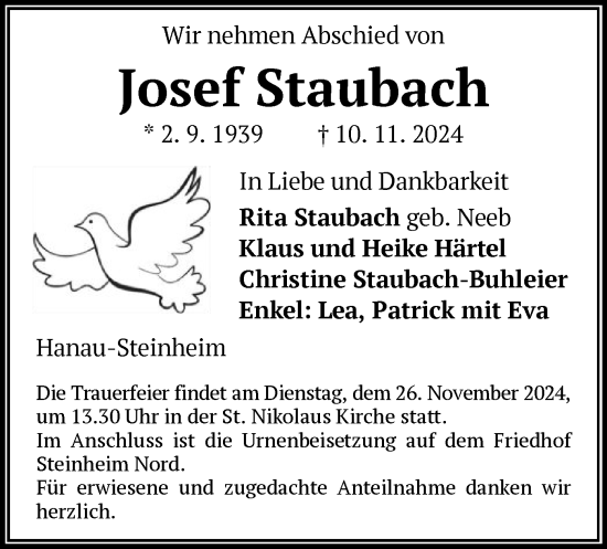 Todesanzeige von Josef Staubach von OF