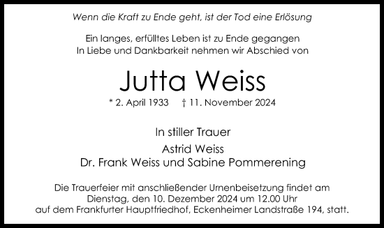 Todesanzeige von Jutta Weiss von OF