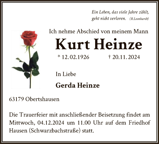 Todesanzeige von Kurt Heinze von OF