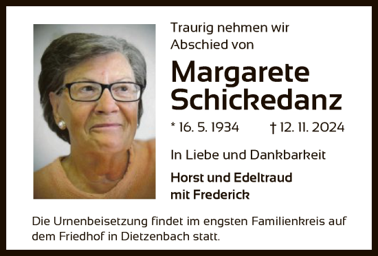 Todesanzeige von Margarete Schickedanz von OF