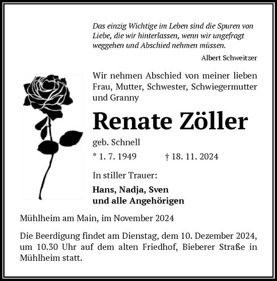 Todesanzeige von Renate Zöller von OF
