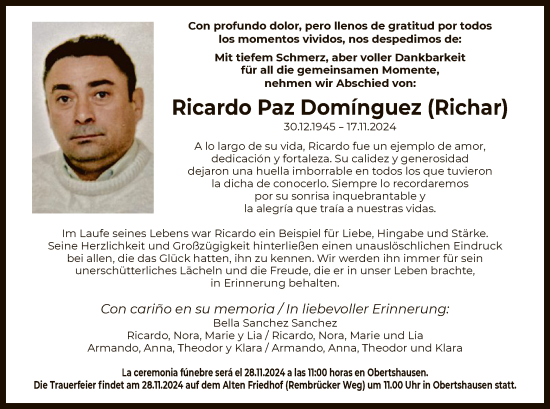 Todesanzeige von Ricardo Paz Dominguez von OF