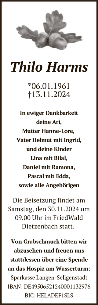 Todesanzeige von Thilo Harms von OF