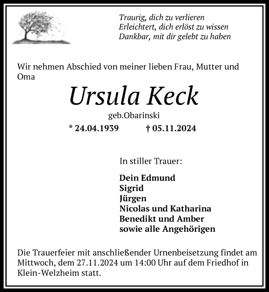 Todesanzeige von Ursula Keck von OF