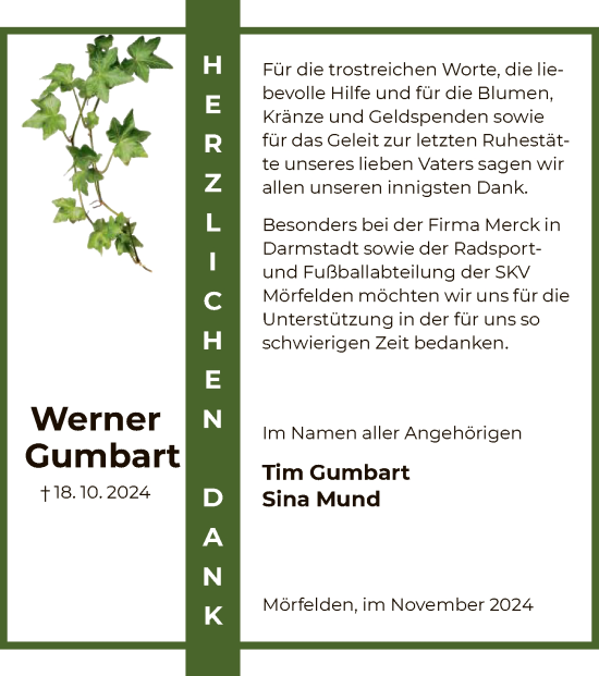 Todesanzeige von Werner Gumbart von OF