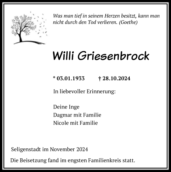 Todesanzeige von Willi Griesenbrock von OF