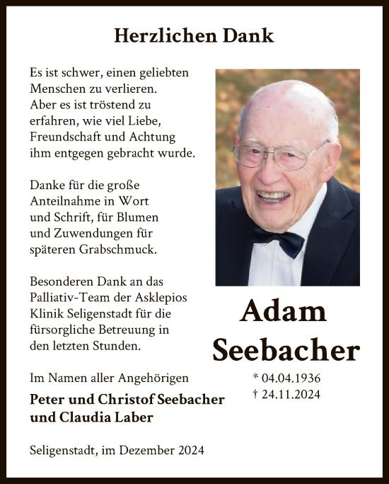 Todesanzeige von Adam Seebacher von OF