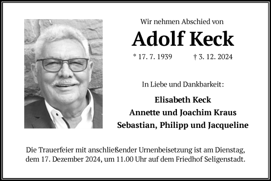 Todesanzeige von Adolf Keck von OF
