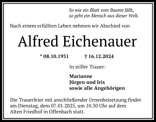 Todesanzeige von Alfred Eichenauer von OF
