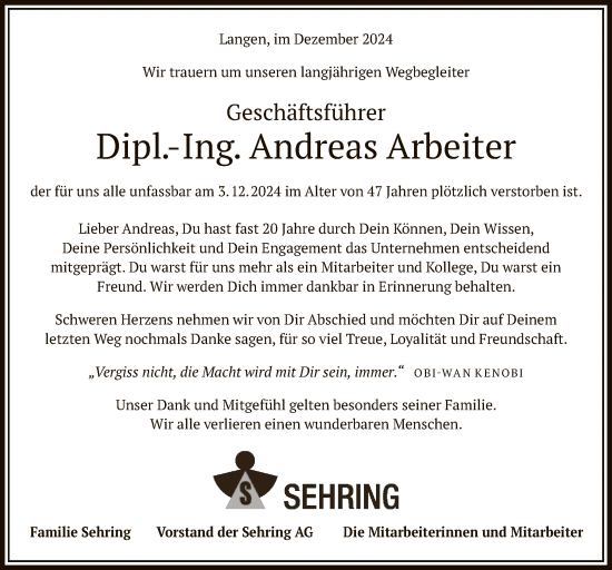 Todesanzeige von Andreas Arbeiter von OF