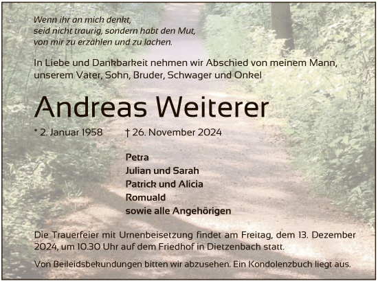 Todesanzeige von Andreas Weiterer von OF