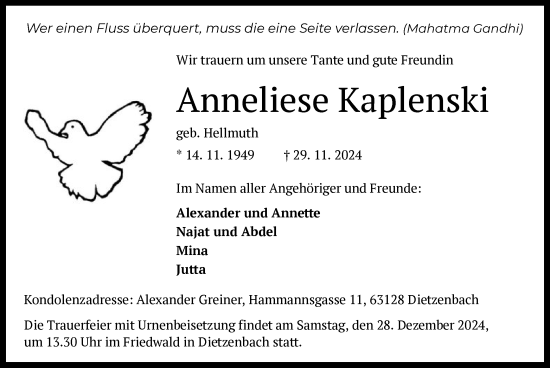 Todesanzeige von Anneliese Kaplenski von OF