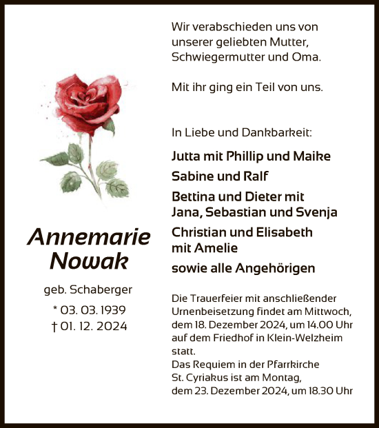 Todesanzeige von Annemarie Nowak von OF