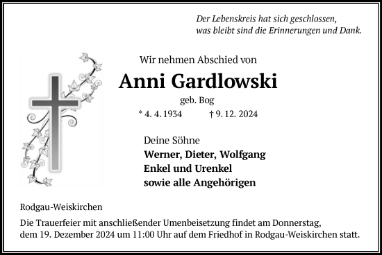 Todesanzeige von Anni Gardlowski von OF